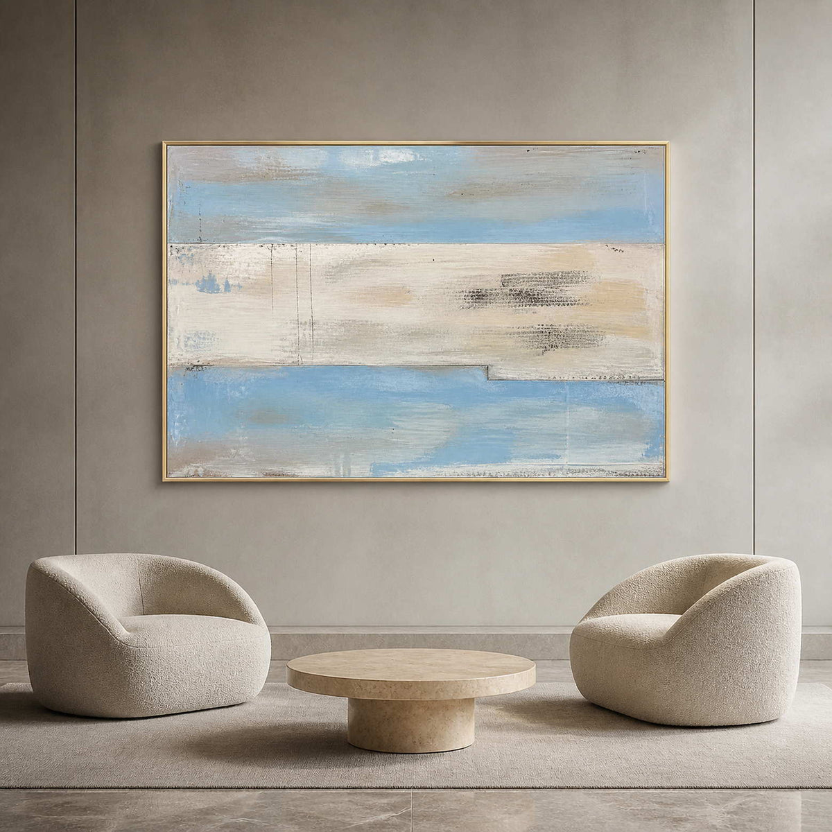 Minimalist coastal abstract canvas in a quiet contemporary gallery lounge.