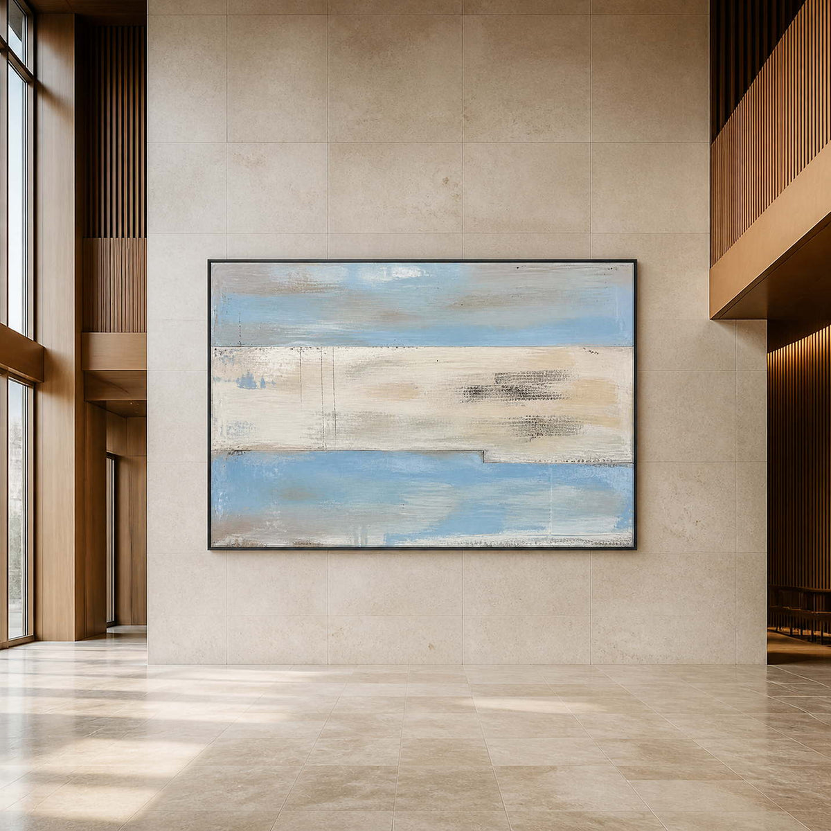 Large pale blue coastal abstract painting in a contemporary hotel lobby.