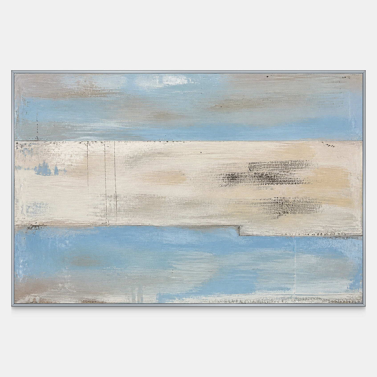 Hand-painted horizontal coastal abstract canvas with blue, ivory, sand, and charcoal bands.
