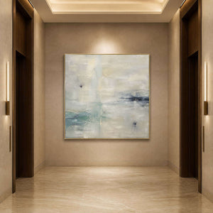 Pale atmospheric abstract canvas in a softly lit hotel hallway.