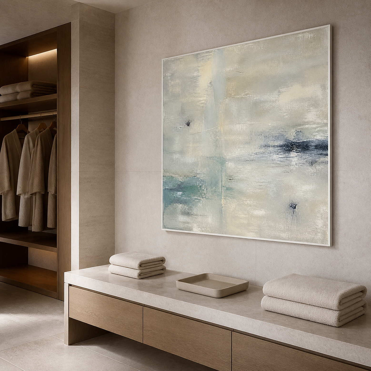 Ivory and misted aqua wall art in a serene spa dry area.