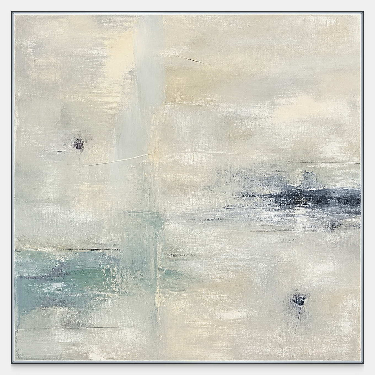 Hand-painted square abstract artwork in ivory, stone, misted aqua, and blue-grey.