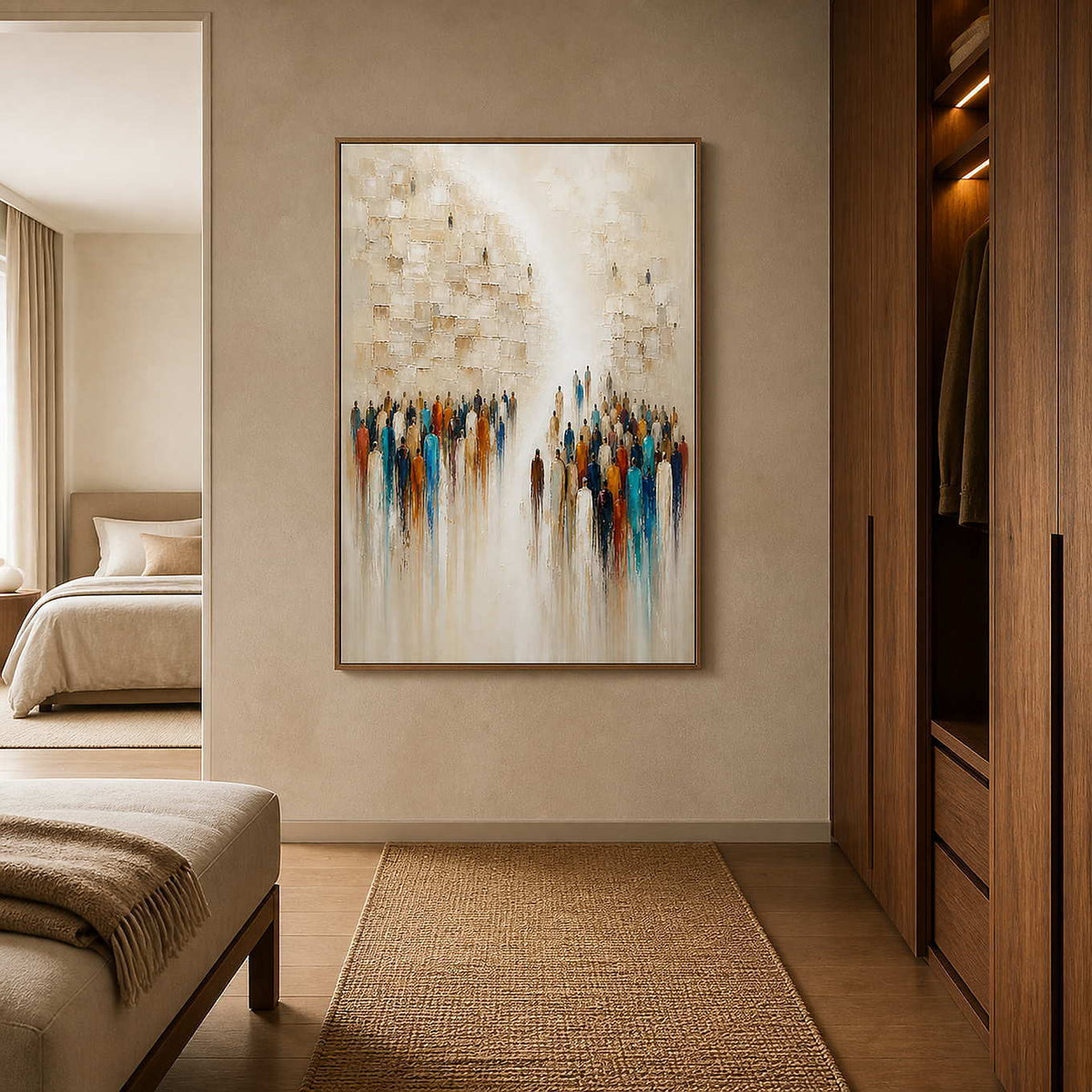 Textured crowd artwork styled in a walnut bedroom entry.