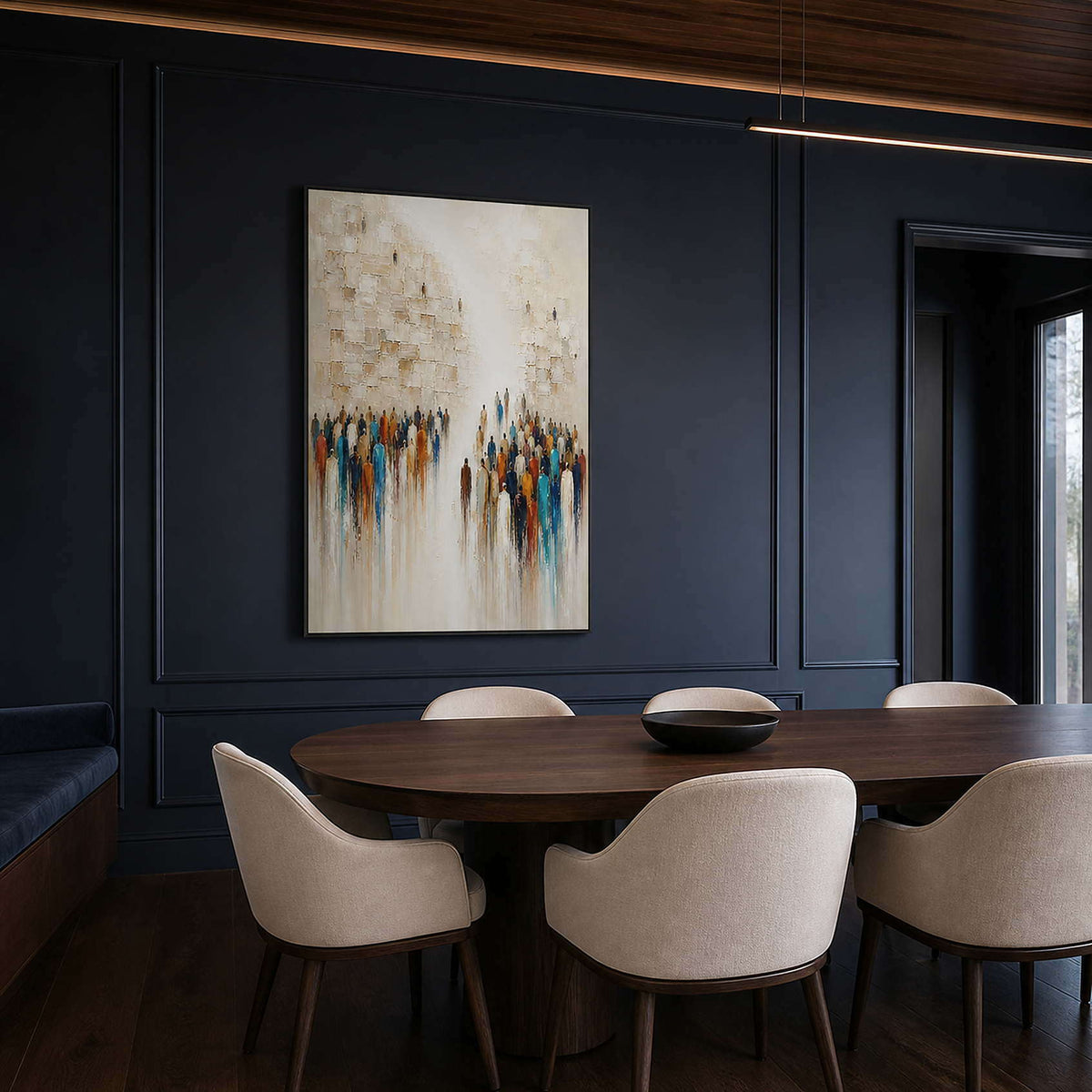Textured figurative wall art in a deep navy dining room.