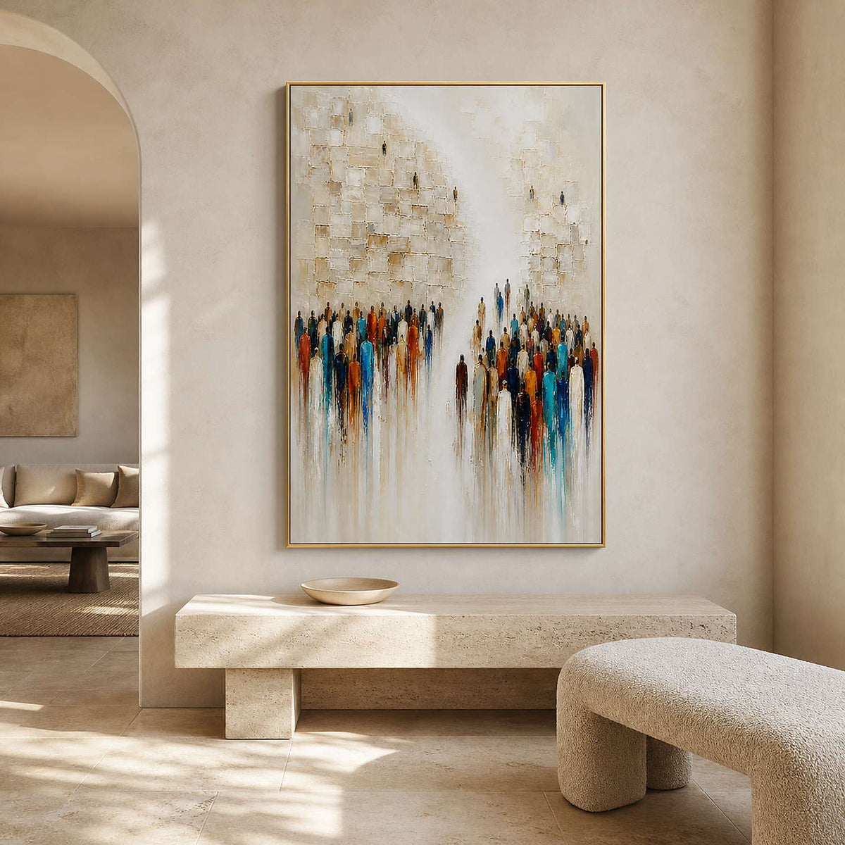 Colorful crowd painting in a warm ivory residential entryway.