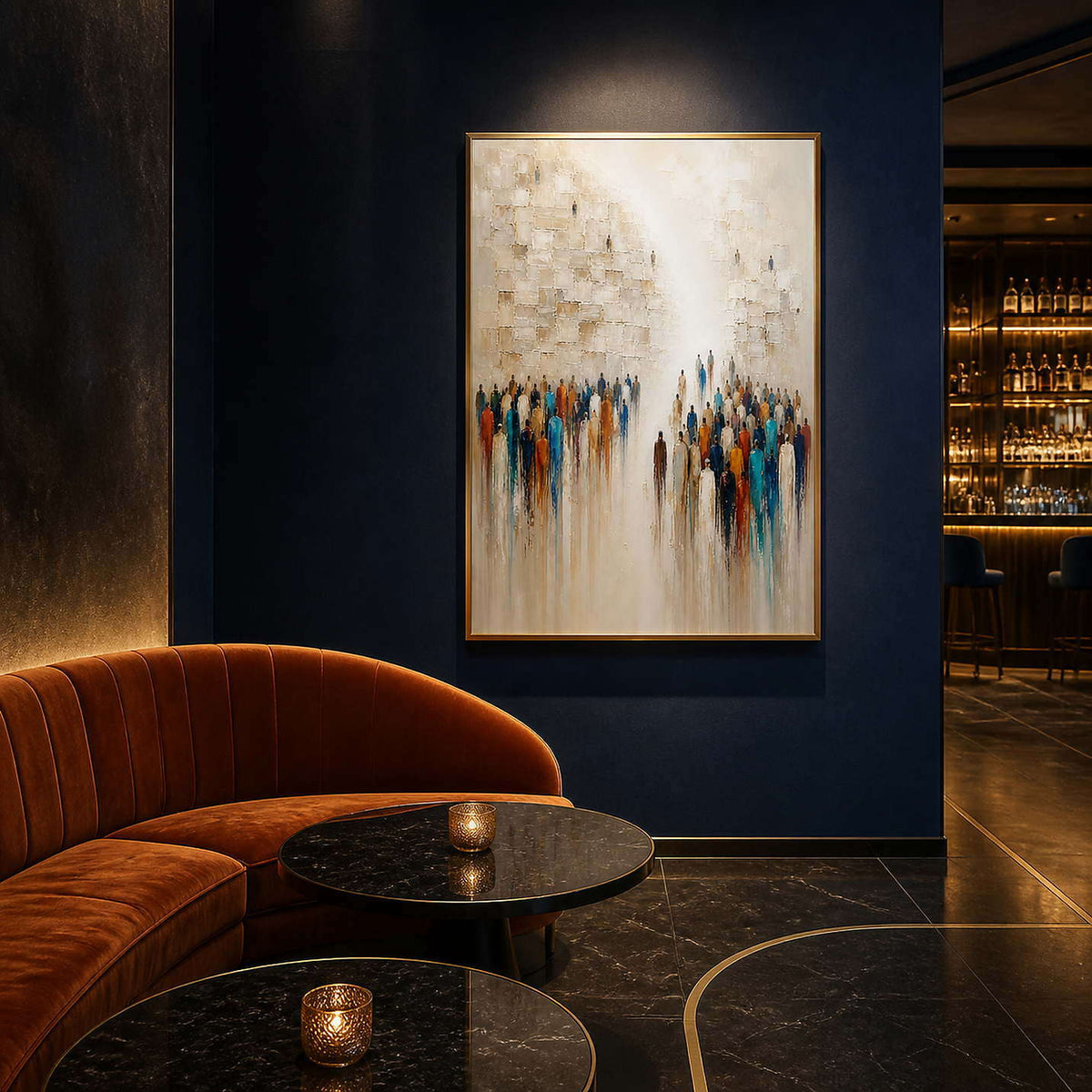 Colorful figurative wall art in a midnight blue hotel lounge.