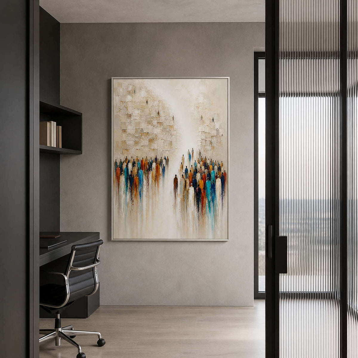 Urban figure painting bringing color and movement to an office.