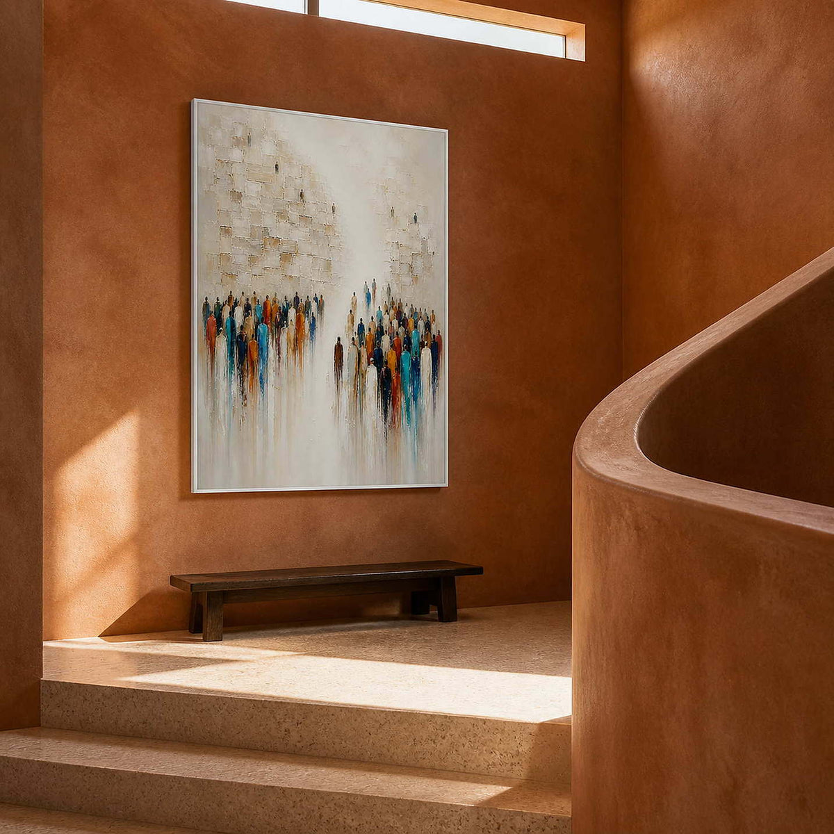 Modern figurative artwork displayed in a terracotta stair hall.