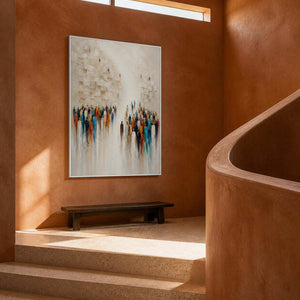 Modern figurative artwork displayed in a terracotta stair hall.