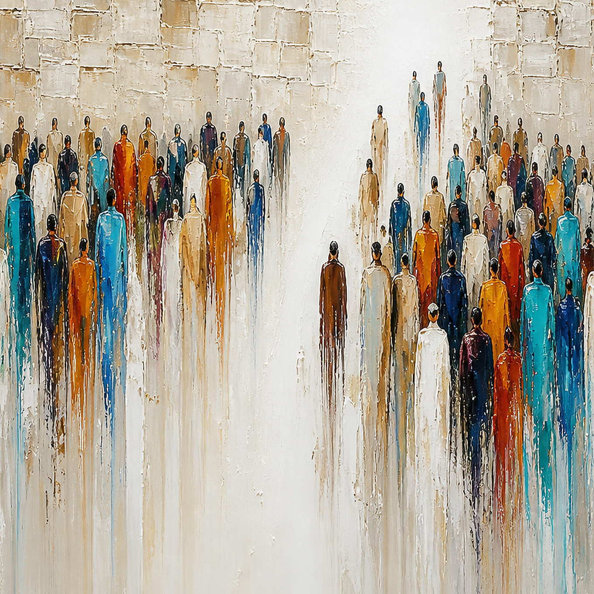 Close-up of elongated teal, amber, rust, and blue painted figures.