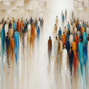 Close-up of elongated teal, amber, rust, and blue painted figures.