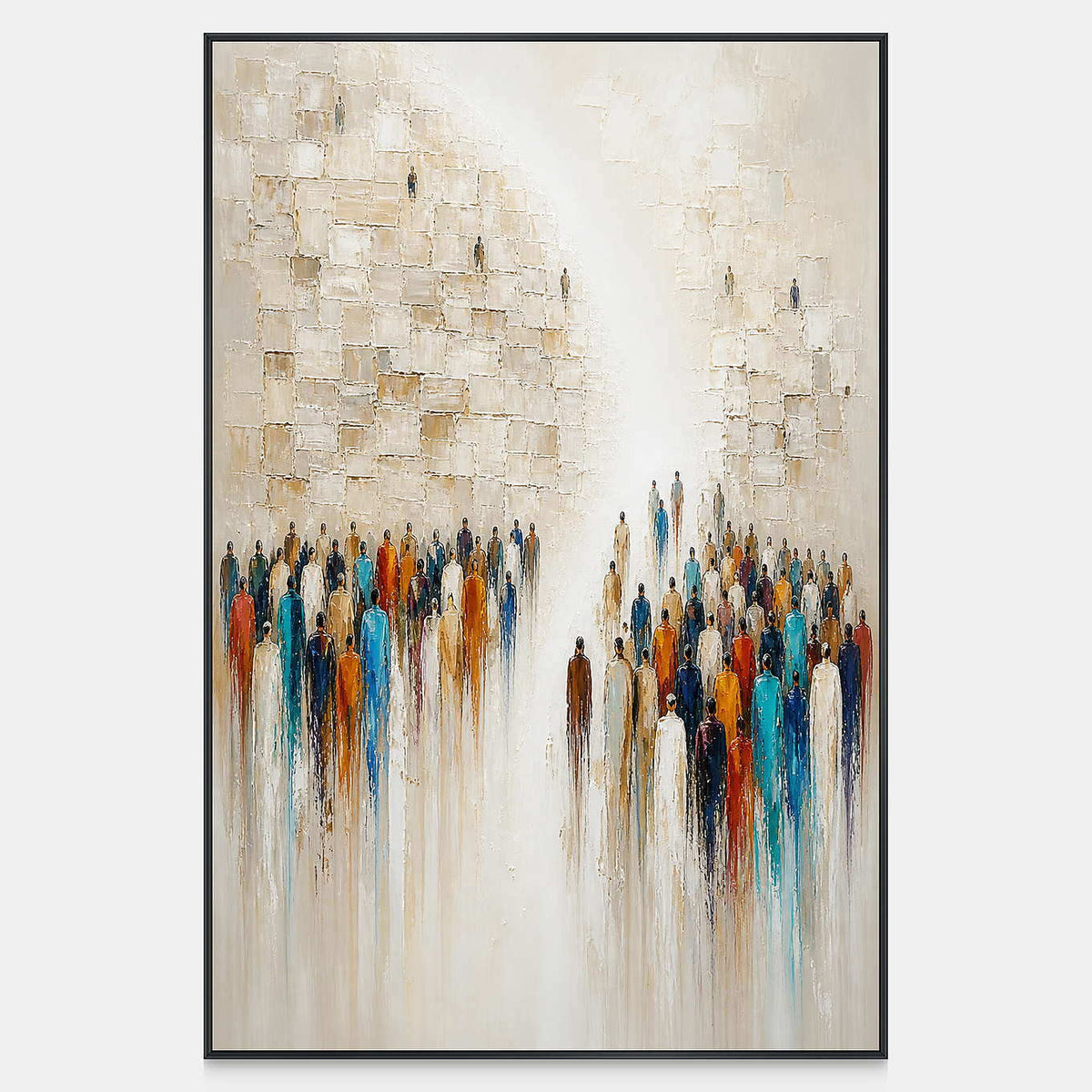 Hand-painted vertical canvas with colorful figures and a pale urban ground.