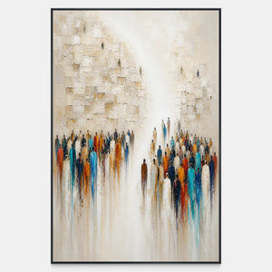 Hand-painted vertical canvas with colorful figures and a pale urban ground.
