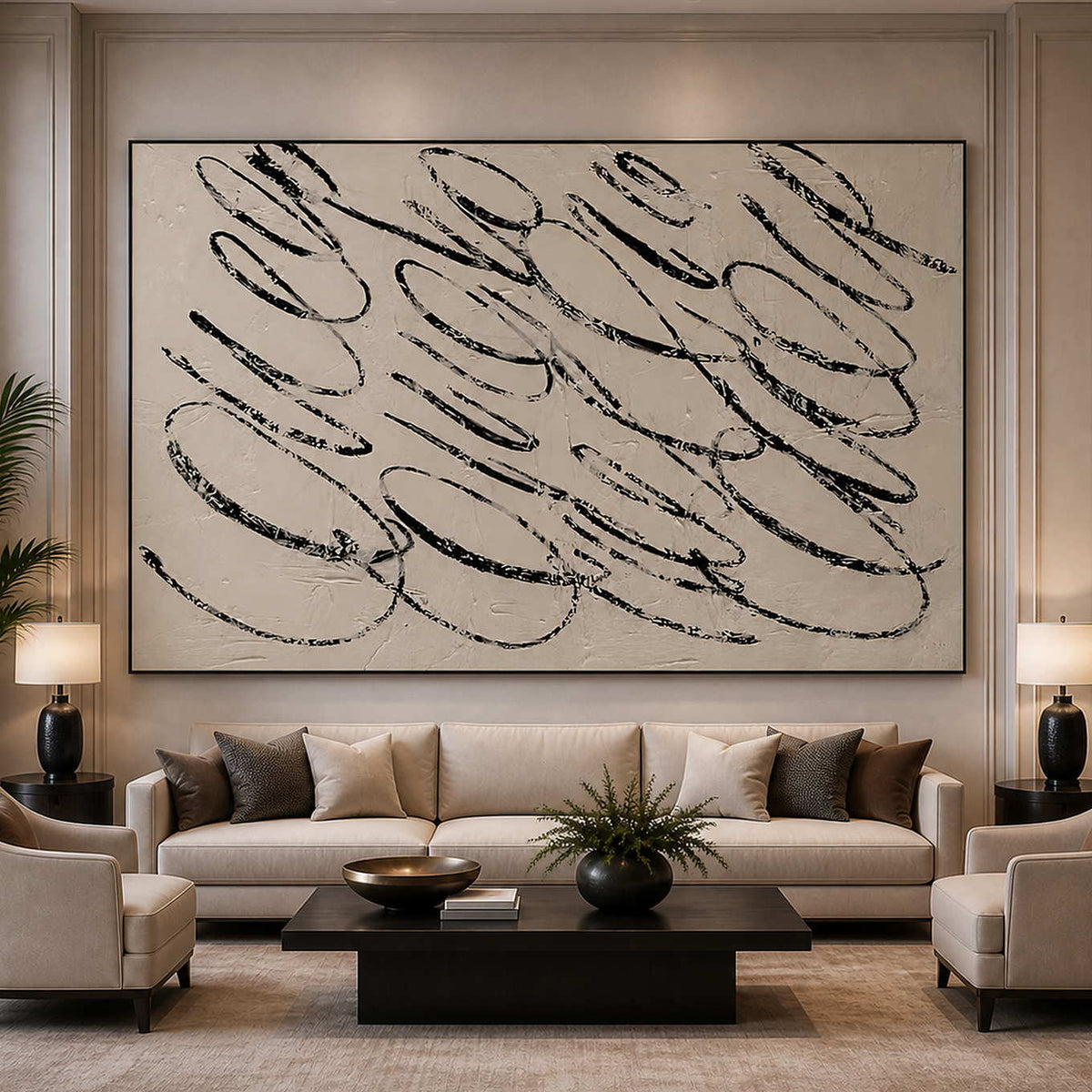 Black framed horizontal abstract loops above a cream hotel lounge sofa.