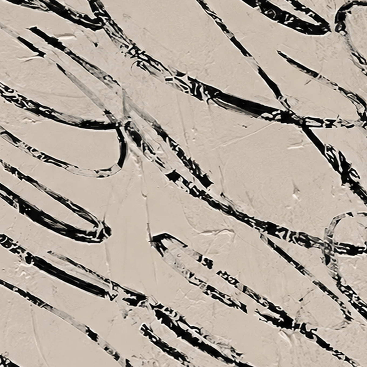 Detail of broken black looping marks crossing the raised pale painted surface.