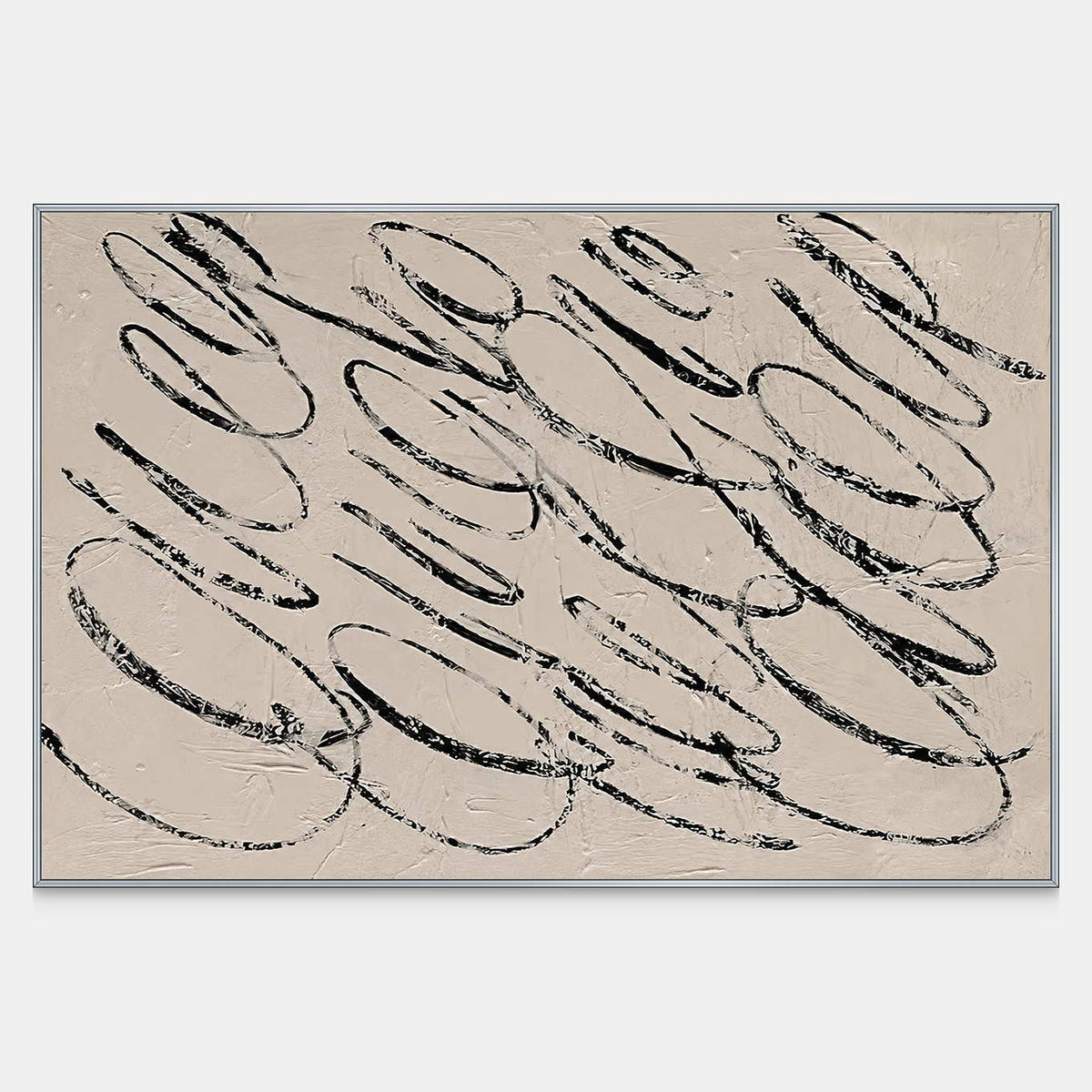 Horizontal abstract artwork with loose black loops over a warm pale textured ground.