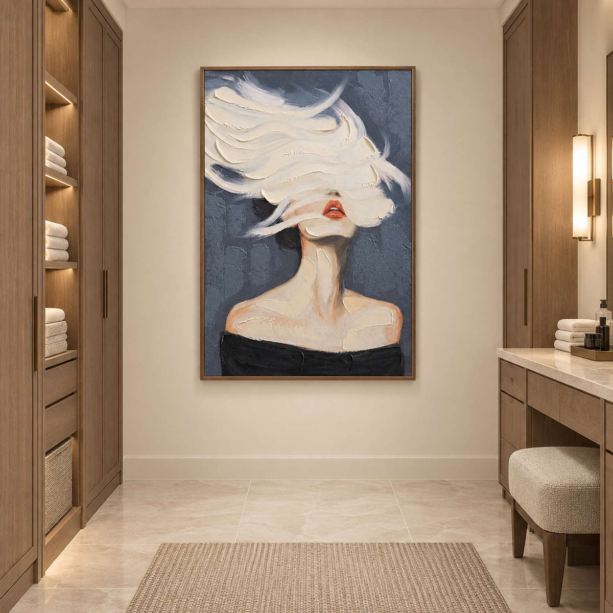 Tall portrait at the end of a dressing area with wooden cabinets and a vanity stool.