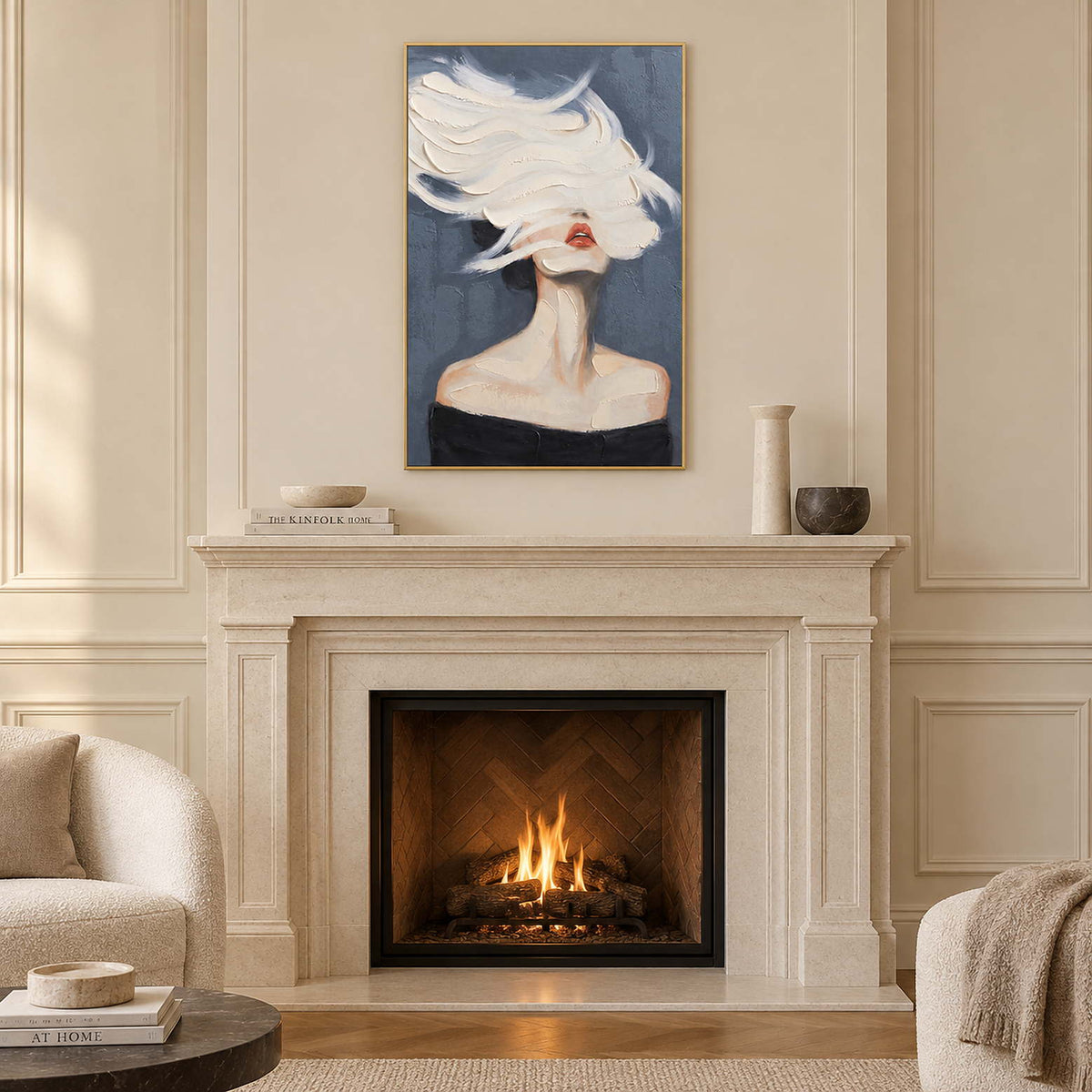 Blue-gray portrait above a lit pale fireplace with a slim white vase.