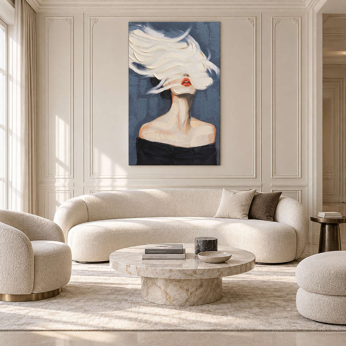 White-swept portrait above a curved cream sofa in a paneled living room.