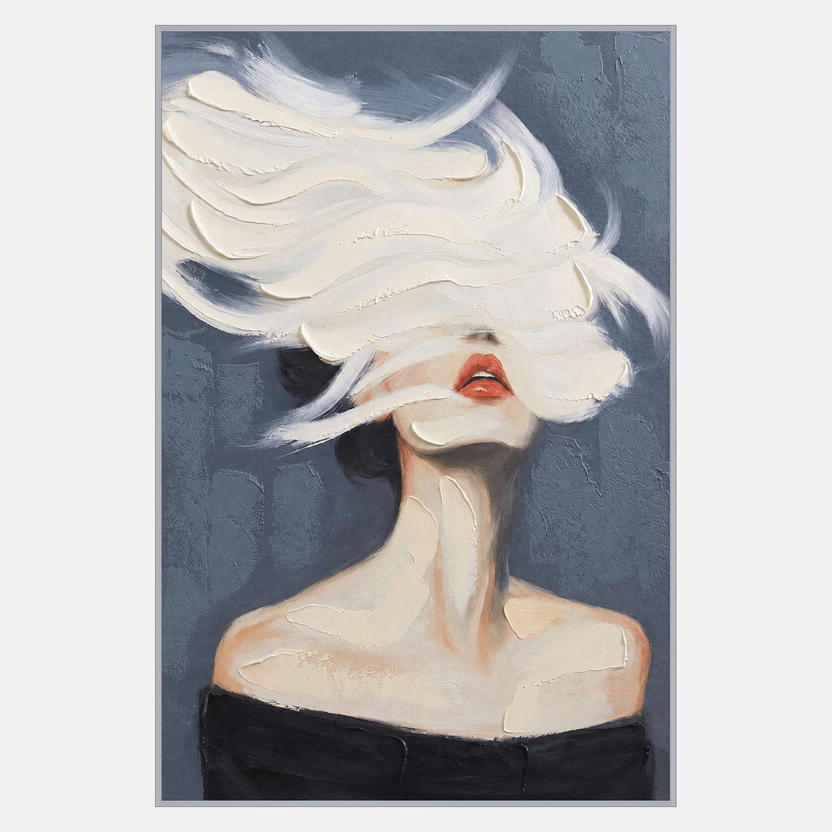 Portrait with white curling strokes covering the eyes, coral lips, raised chin, and black off-shoulder clothing on blue-gray.