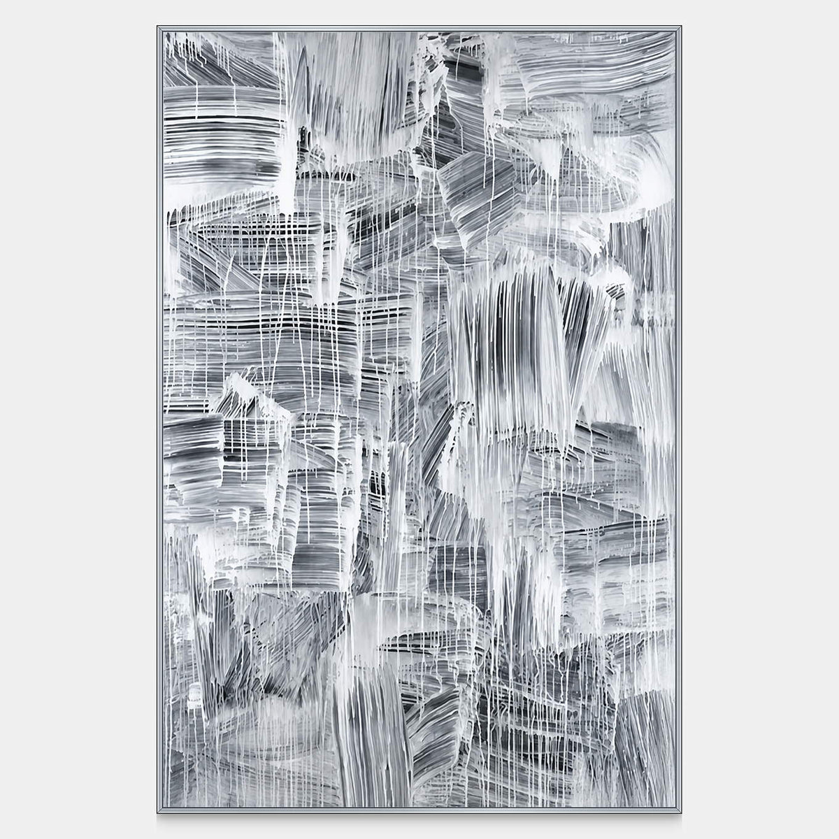 Vertical black-and-white abstract artwork with broad gray brushstrokes and fine white drips and crossing lines.