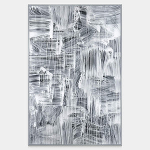Vertical black-and-white abstract artwork with broad gray brushstrokes and fine white drips and crossing lines.