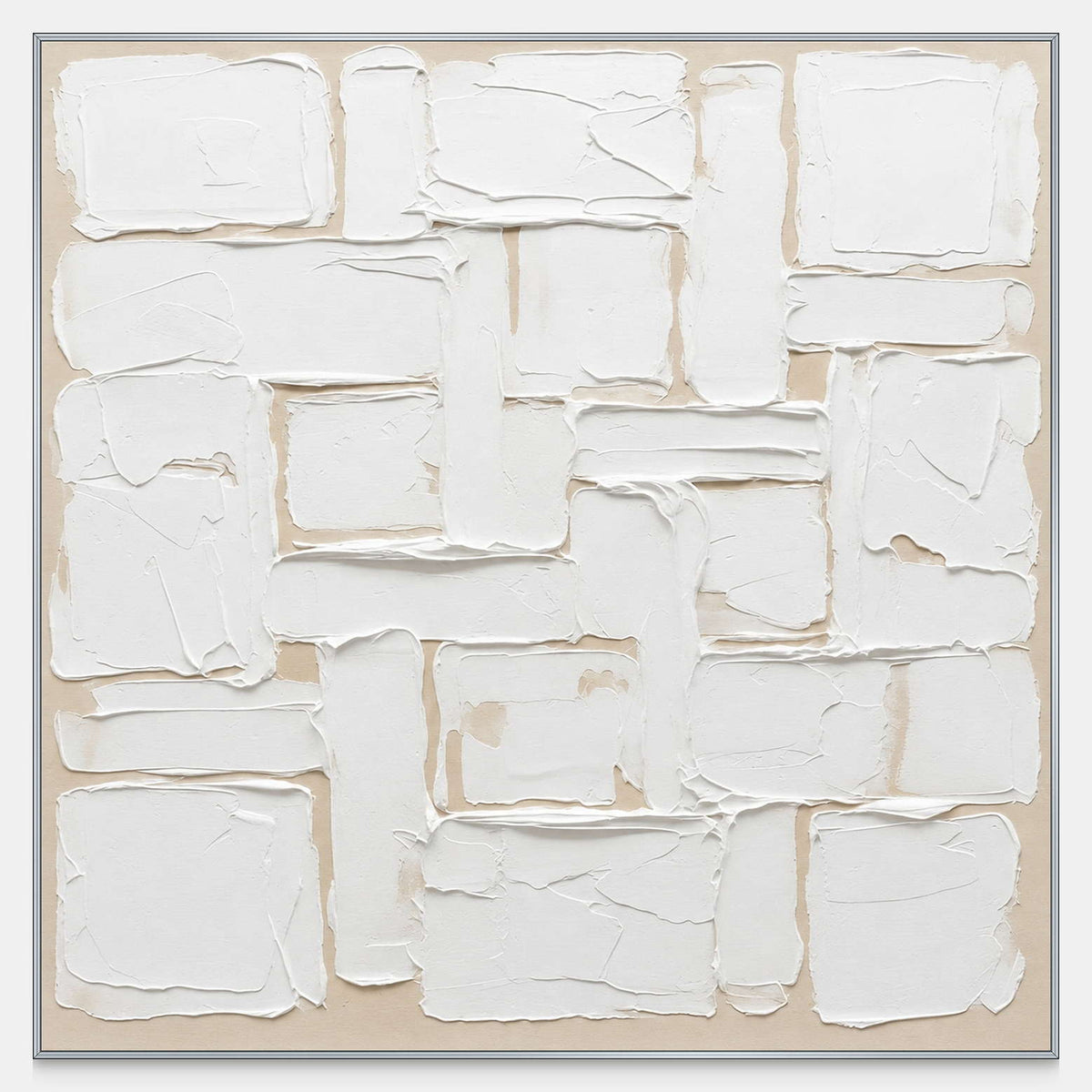 Front view of A Patchwork of Light, a square abstract painting with uneven raised white rectangles separated by narrow beige gaps.