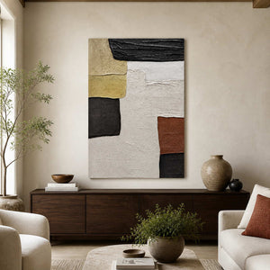 A Pause in the Afternoon above a walnut sideboard between cream sofas, with earthy blocks framing an open off-white center.