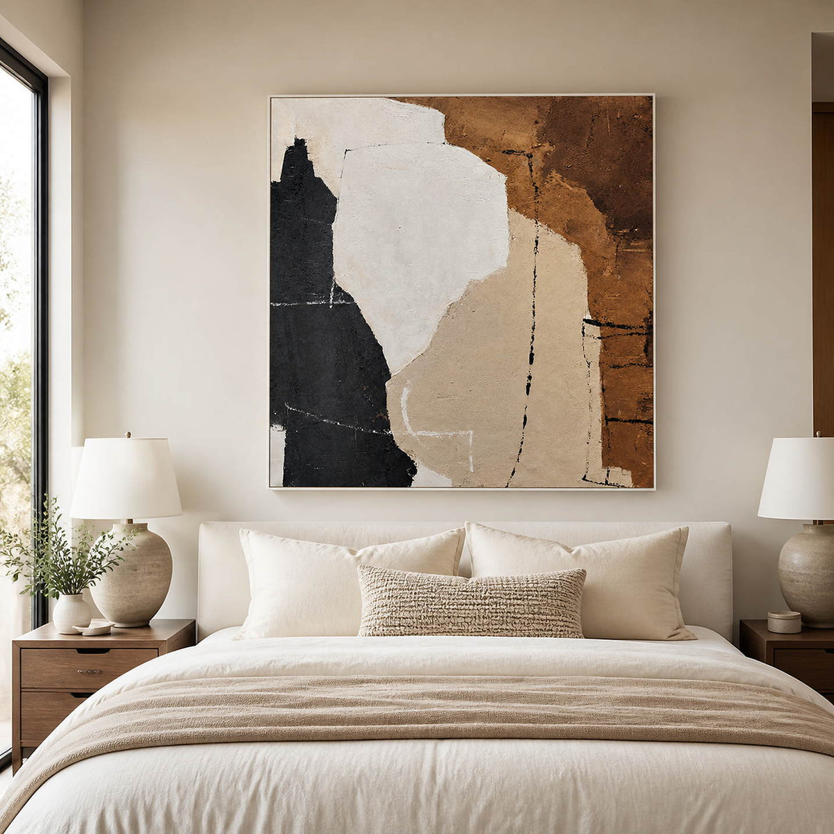 White-framed earthy abstract painting above a cream bed between two lamps.