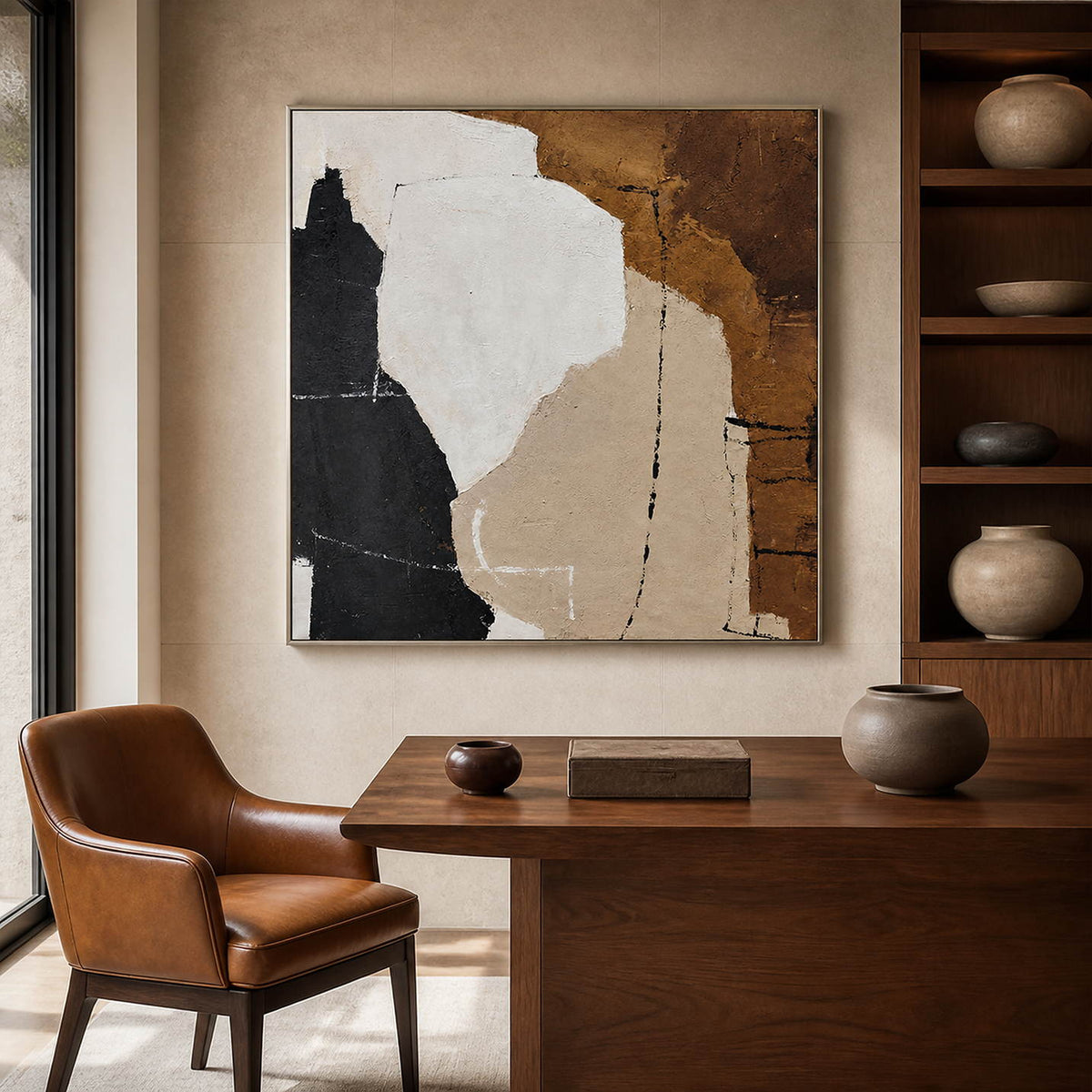 Neutral abstract wall art above a wooden desk, beside shelves and a brown chair.