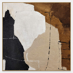 Square abstract artwork with irregular off-white, black, beige, and brown areas crossed by thin broken lines.