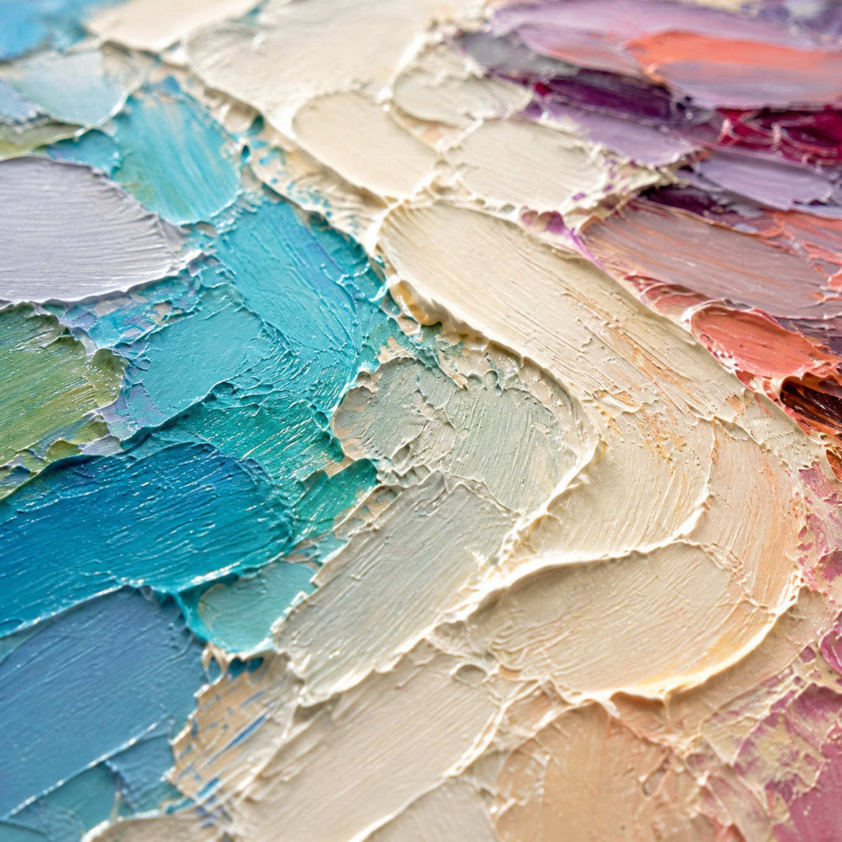 Close-up of thick turquoise, cream, coral, and violet palette-knife texture.