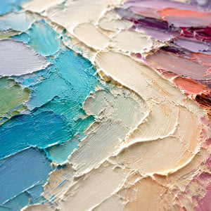 Close-up of thick turquoise, cream, coral, and violet palette-knife texture.