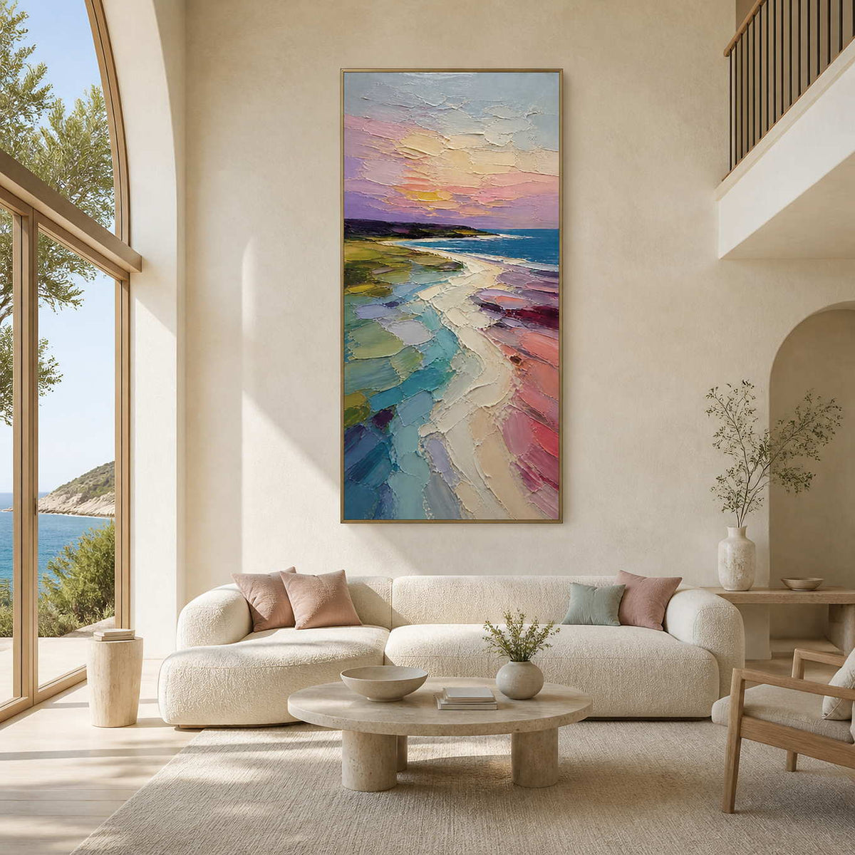 Colorful coastal wall art displayed in a bright double-height living room.