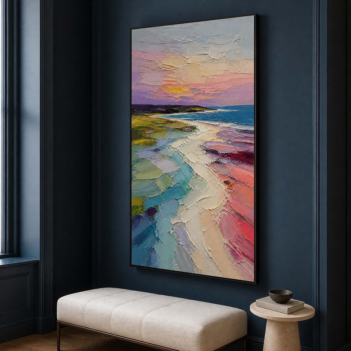 Vertical coastal wall art displayed against a deep teal home office wall.