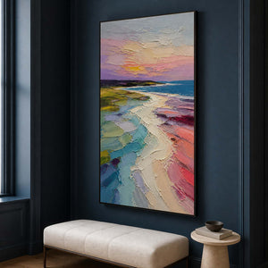 Vertical coastal wall art displayed against a deep teal home office wall.