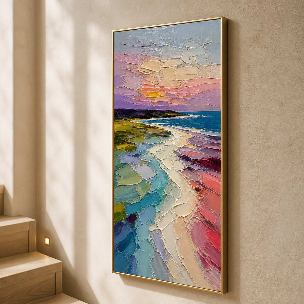 Tall pastel shoreline artwork displayed beside a warm wood stairway.