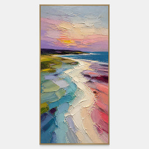 Tall shoreline artwork in turquoise, coral, violet, cream, and sea green.