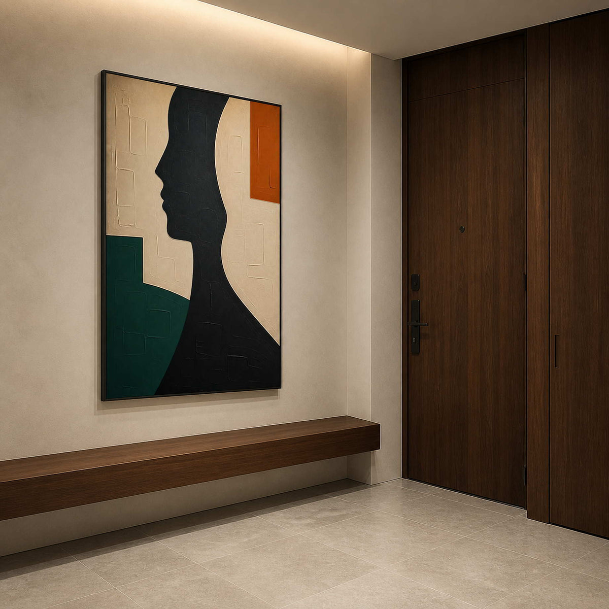 Minimalist profile painting displayed in an ivory stone entryway.