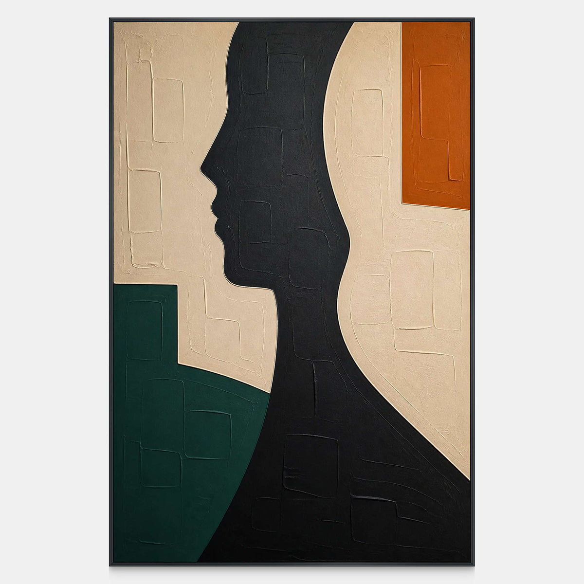 Hand-painted black profile canvas with ivory, green, and orange forms.