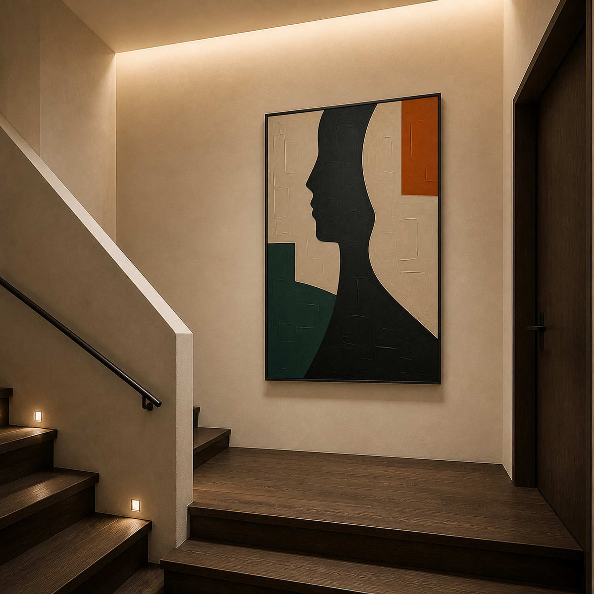 Tall figurative abstract artwork displayed at a dark wood stair landing.