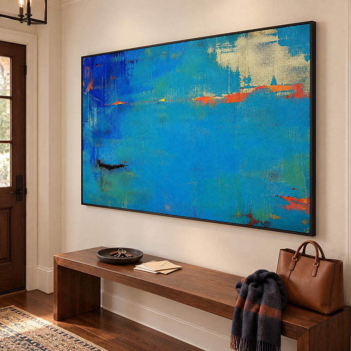 Blue and turquoise abstract painting with narrow orange streaks in a black frame in an entryway.