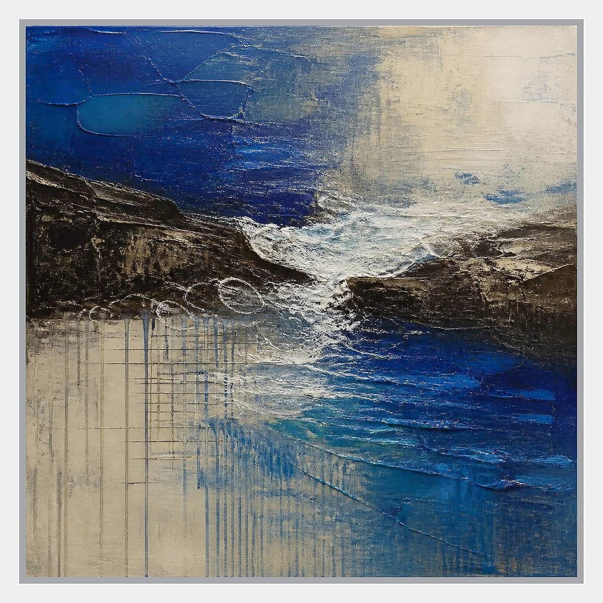 Square cobalt sea, dark rock, and ivory surf textured painting.