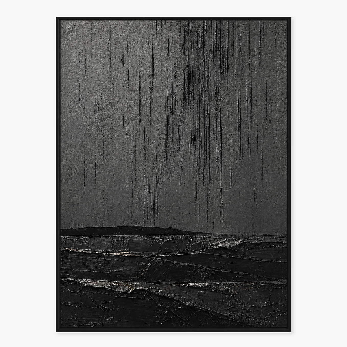 Charcoal rain marks descending over sculpted black terrain in a vertical composition.