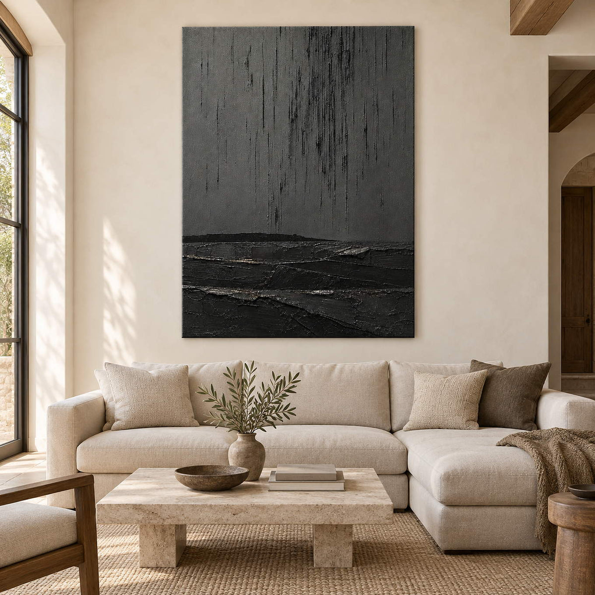 Charcoal rain marks descending over sculpted black terrain in a vertical composition, displayed in a living room without an outer frame.