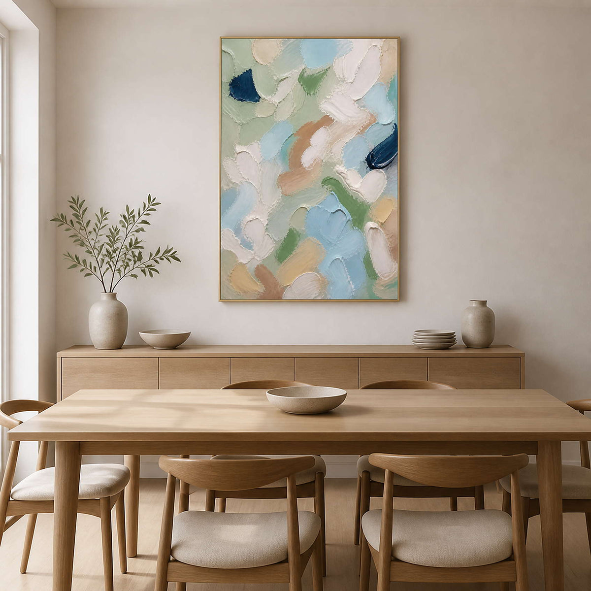 Sage and blue abstract canvas brightens a warm wood dining room.
