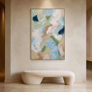 Textured pastel abstraction displayed in a quiet gallery lounge.
