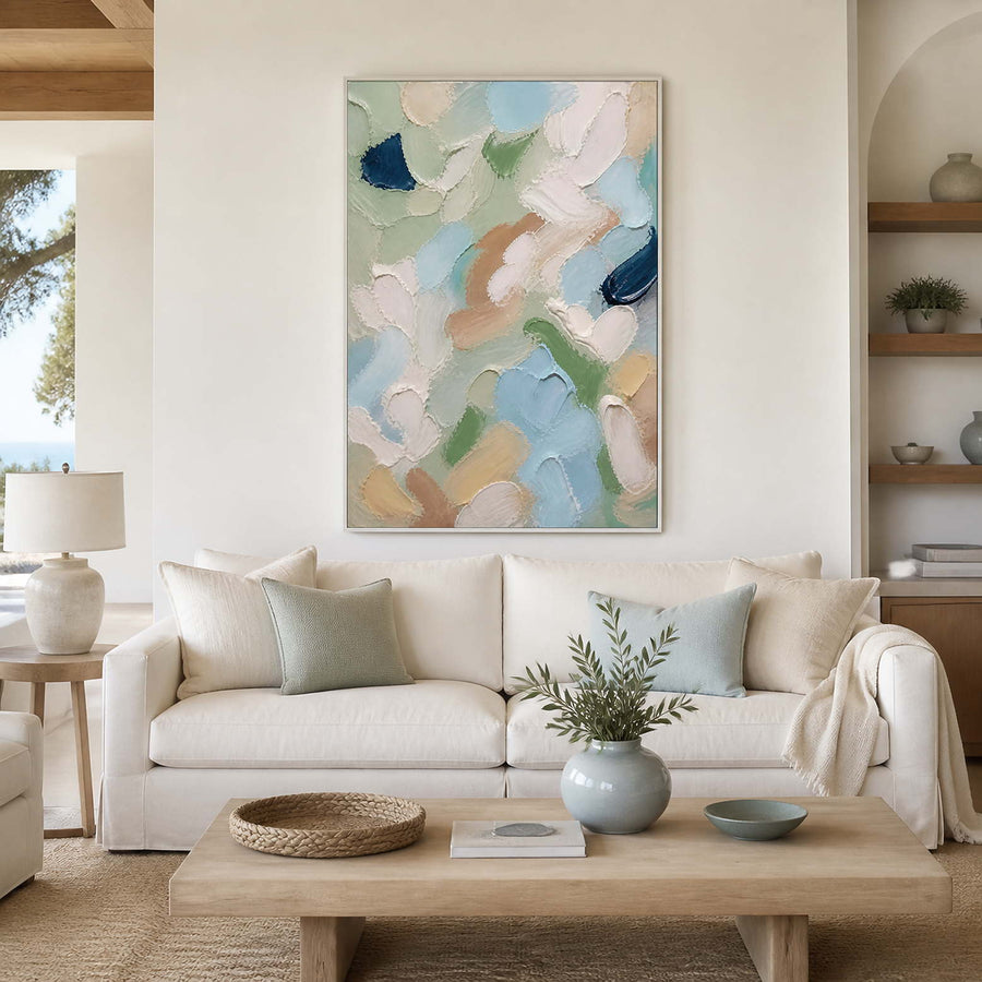 Pastel textured abstract wall art styled in an airy modern living room.