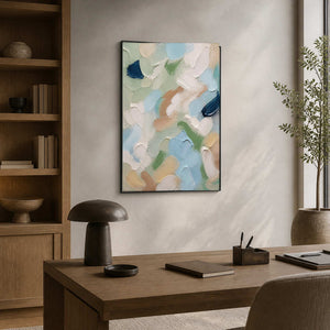 Vertical abstract wall art softens a refined dark wood office.