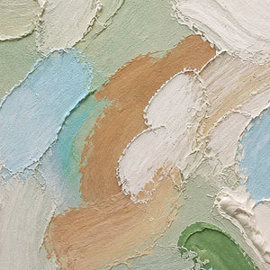 Close-up of layered sage, blue, ivory, and sand palette-knife marks.